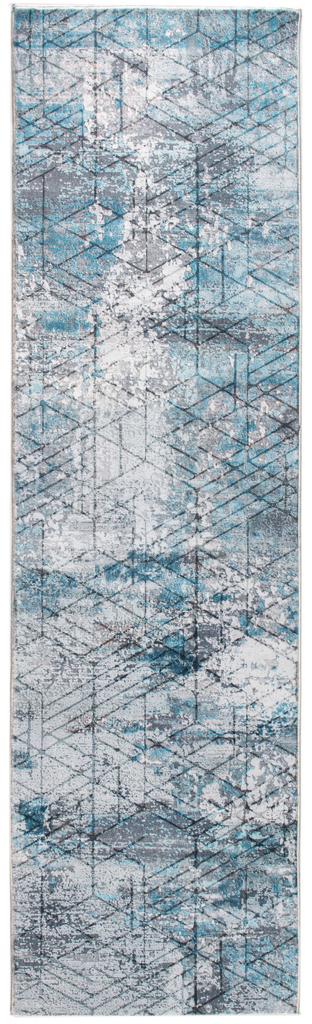 2' x 7' Blue Gray Abstract Cuboid Modern Runner Rug