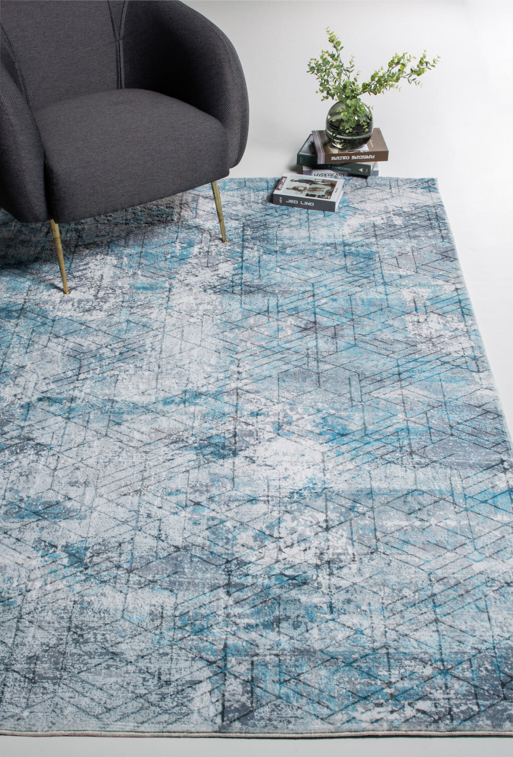 2' x 7' Blue Gray Abstract Cuboid Modern Runner Rug