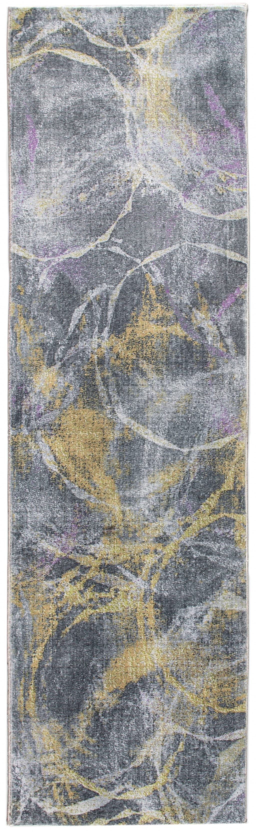 2' x 7' Gray Gold Abstract Rings Runner Rug