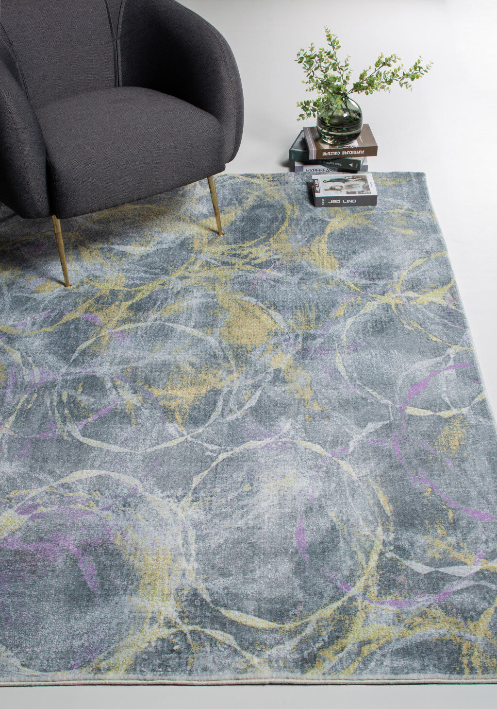 2' x 7' Gray Gold Abstract Rings Runner Rug