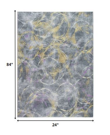 2' x 7' Gray Gold Abstract Rings Runner Rug
