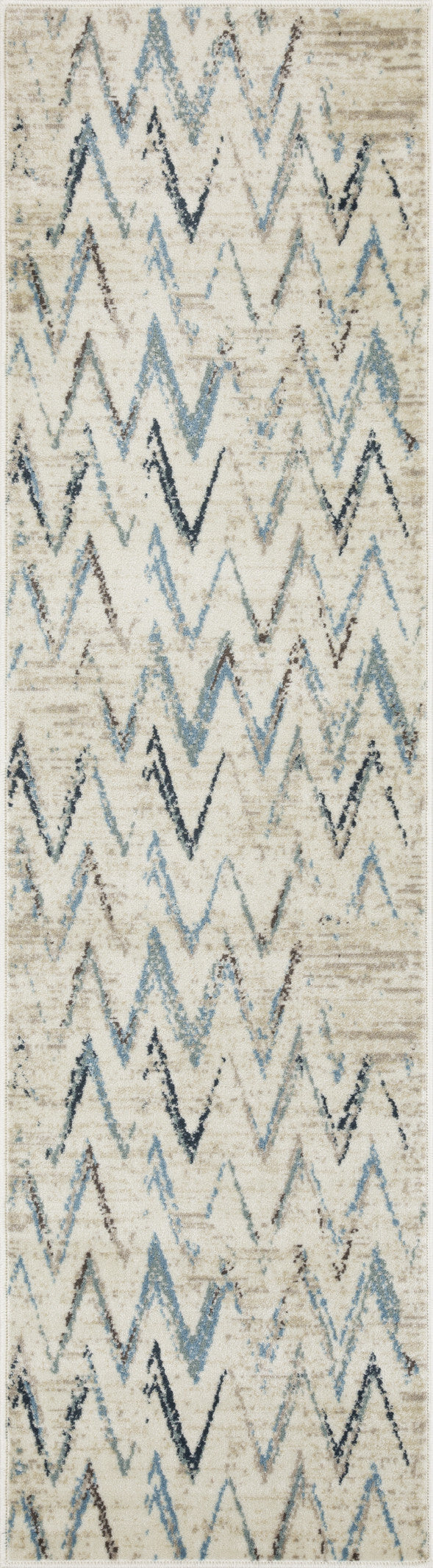 8' Round Beige Blue Distressed Chevron Area Rug