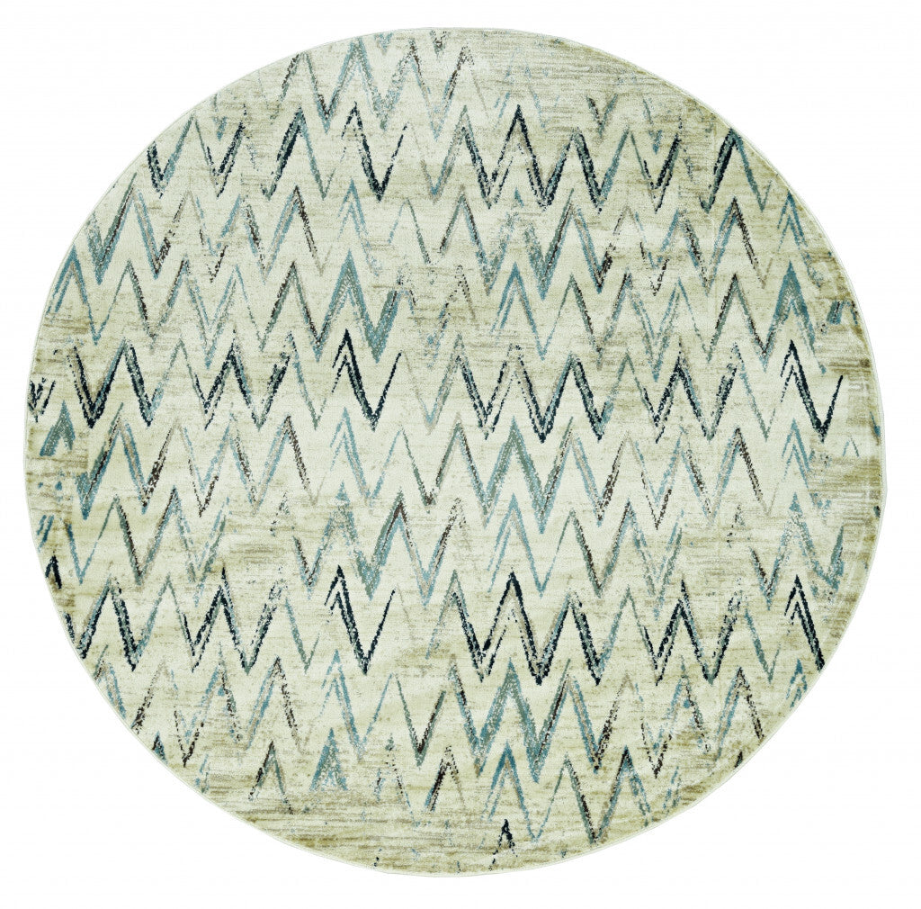 8' Round Beige Blue Distressed Chevron Area Rug