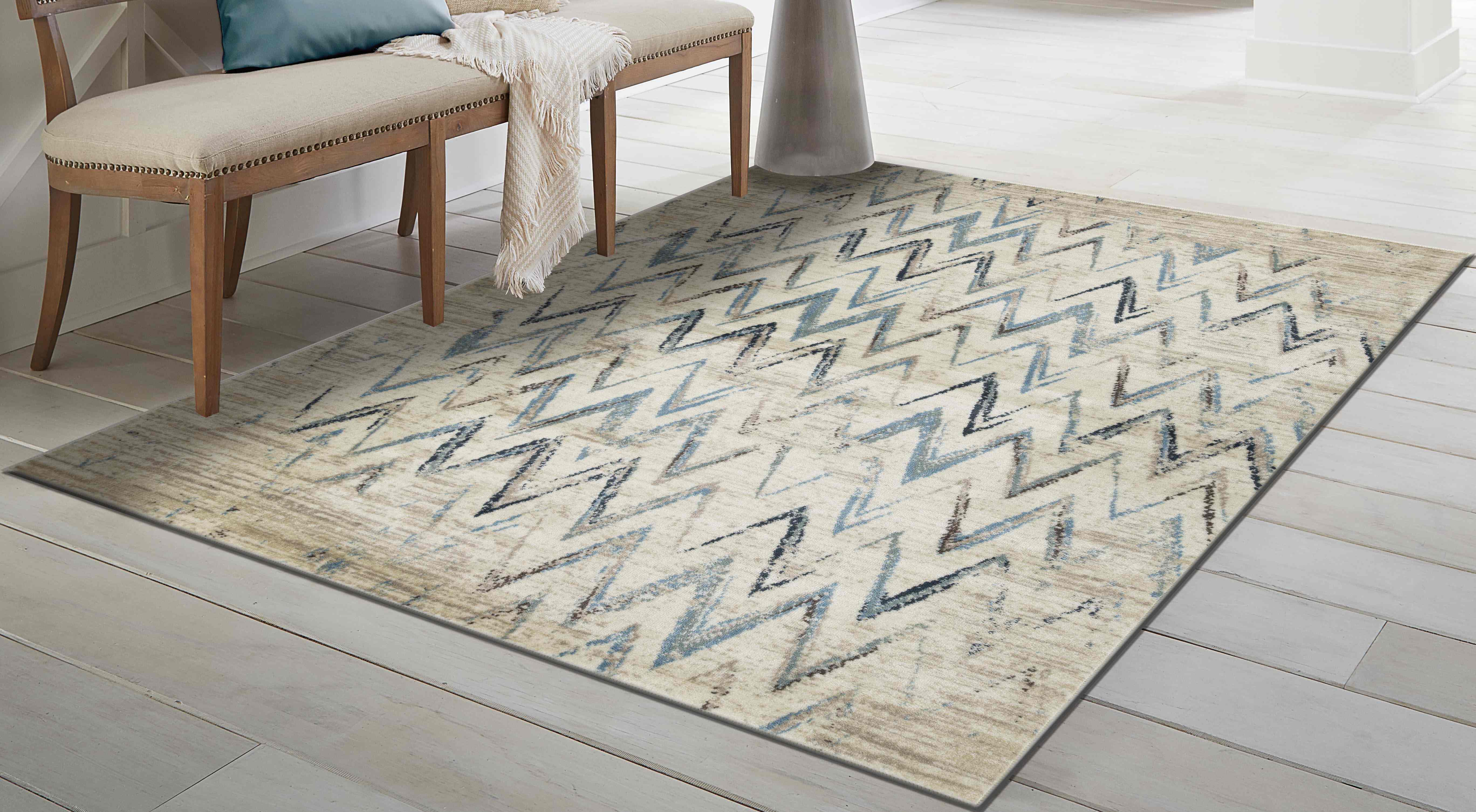 8' Round Beige Blue Distressed Chevron Area Rug