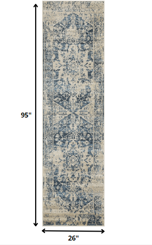 2' x 8' Beige Blue Distressed Medallion Runner Rug