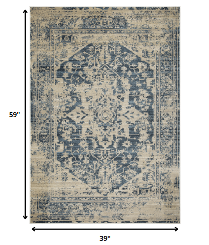 3' x 5' Beige Blue Distressed Medallion Area Rug