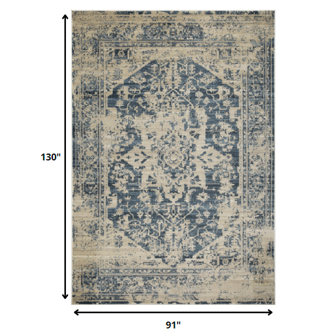 8' x 11' Beige Blue Distressed Medallion Area Rug