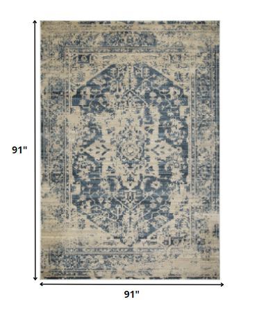 8' Round Beige Blue Distressed Medallion Area Rug