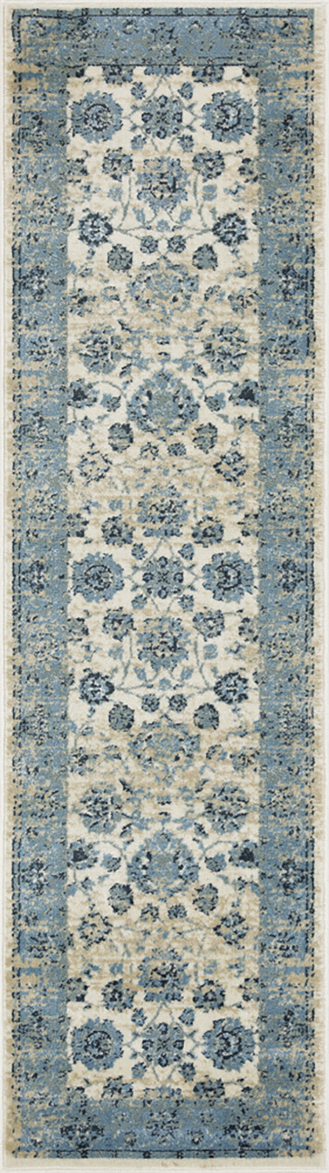 2' x 8' Blue Ivory Distressed Oriental Runner Rug
