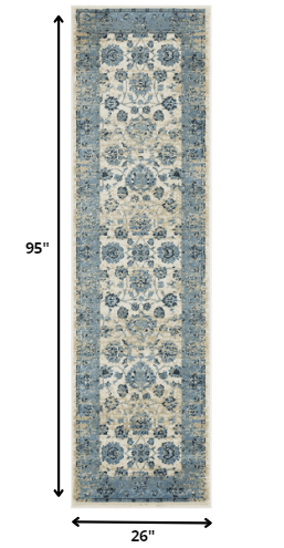 2' x 8' Blue Ivory Distressed Oriental Runner Rug