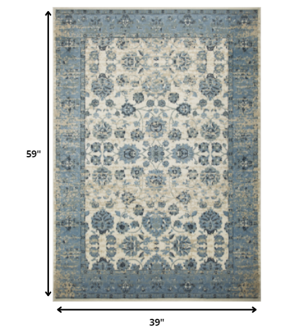 3' x 5' Blue Ivory Distressed Oriental Area Rug