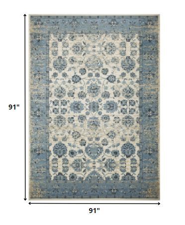8' Round Blue Ivory Distressed Oriental Area Rug