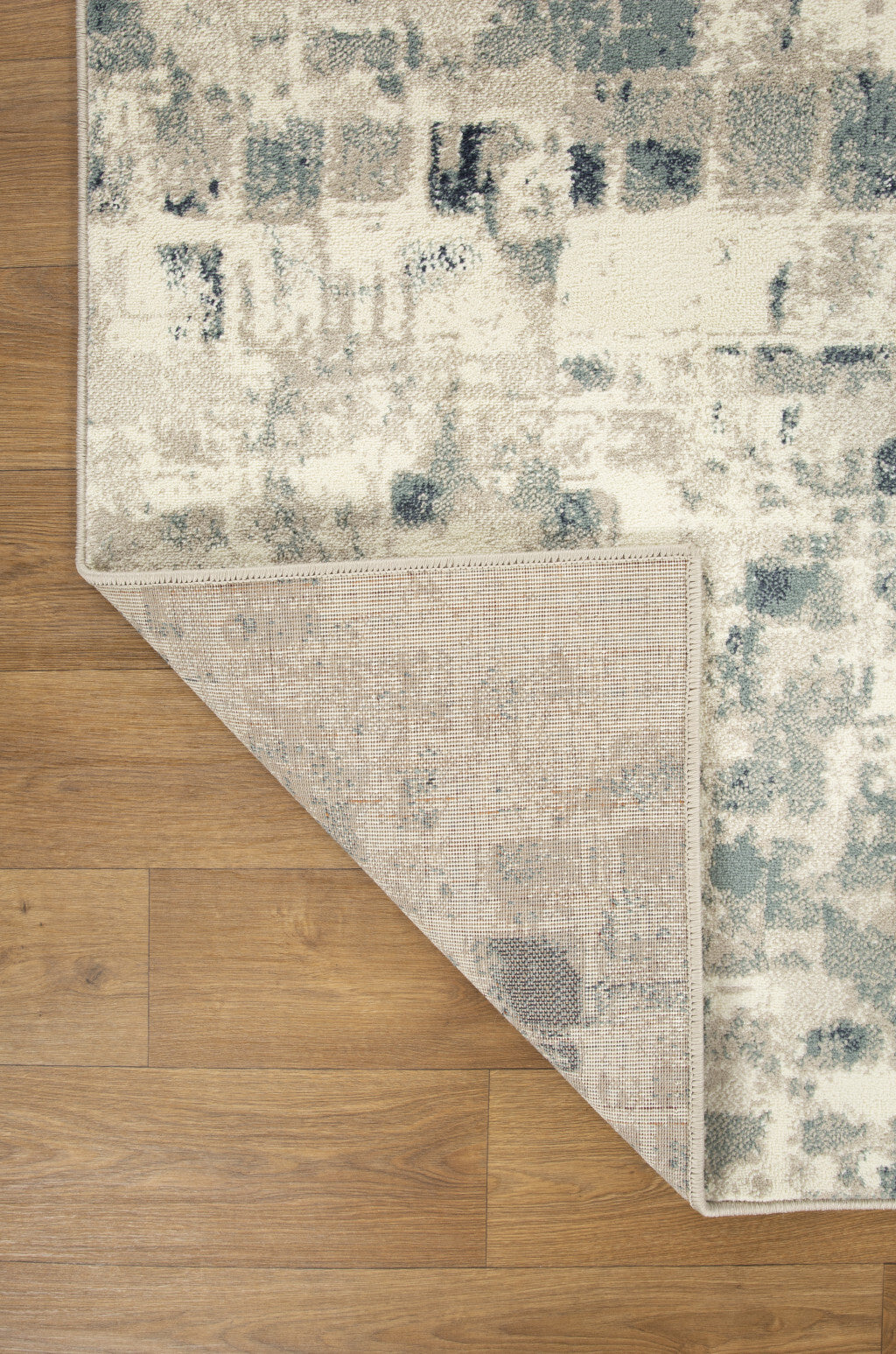 3' x 5' Beige Blue Abstract Tiles Distressed Area Rug