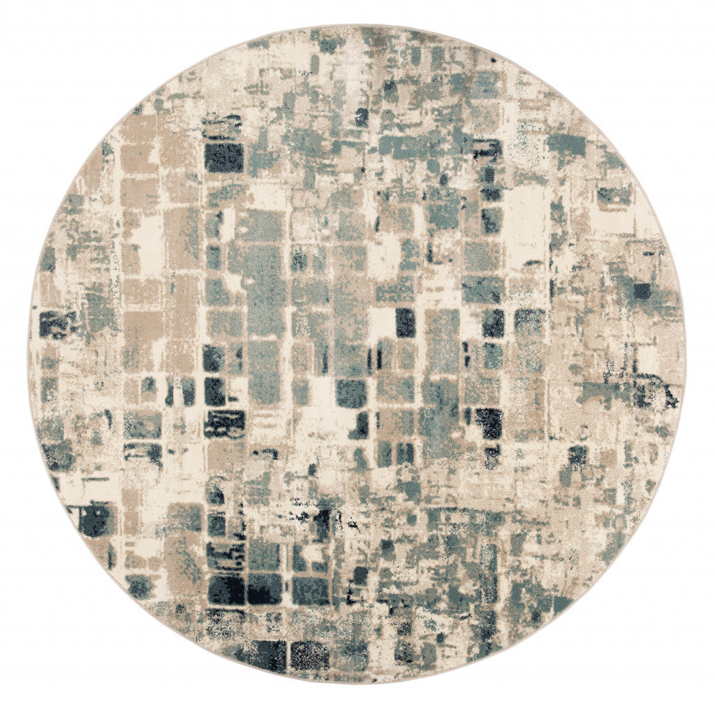 3' x 5' Beige Blue Abstract Tiles Distressed Area Rug