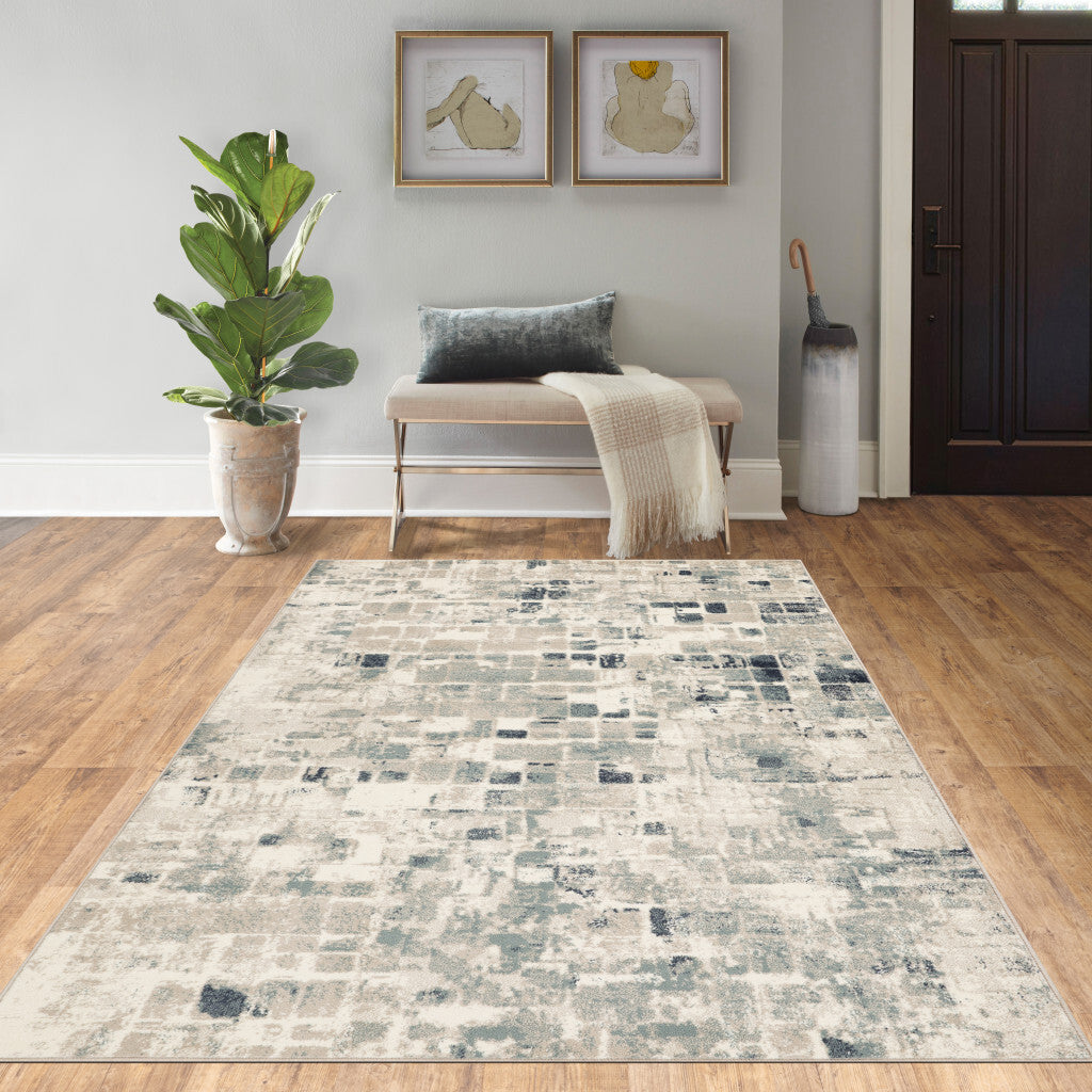 3' x 5' Beige Blue Abstract Tiles Distressed Area Rug