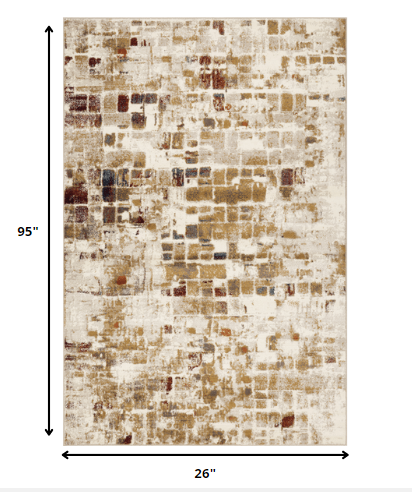2' x 8' Brown Beige Abstract Tiles Distressed Runner Rug