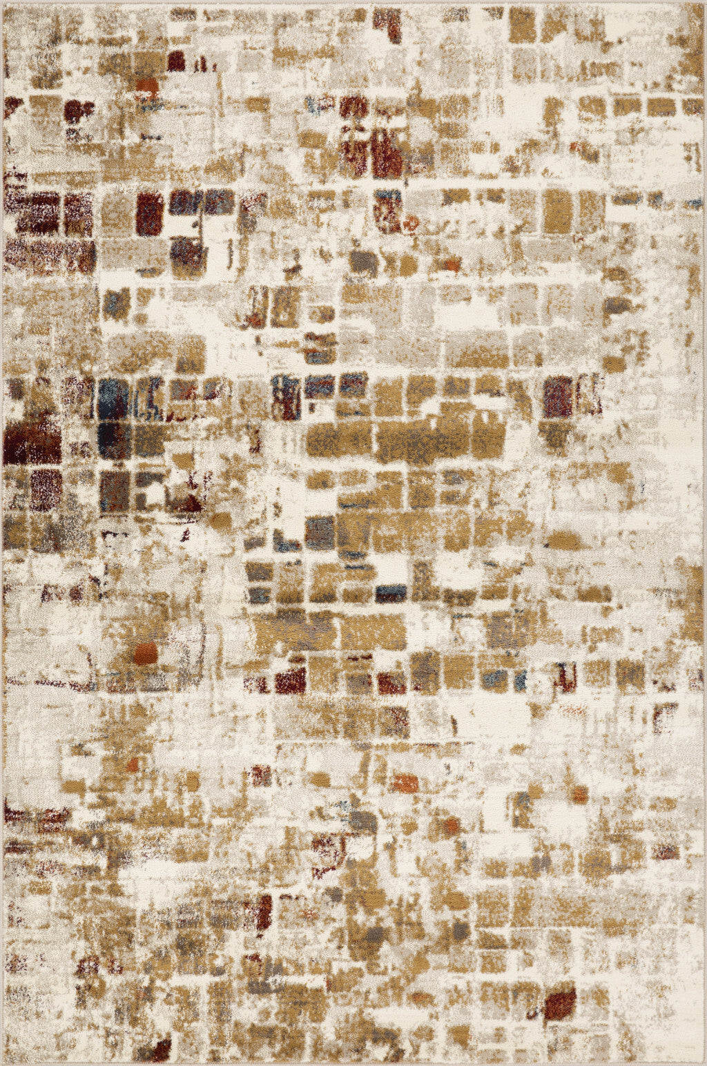 3' x 5' Brown Beige Abstract Tiles Distressed Area Rug