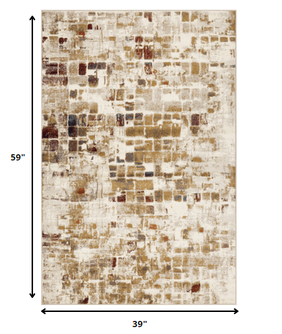 3' x 5' Brown Beige Abstract Tiles Distressed Area Rug