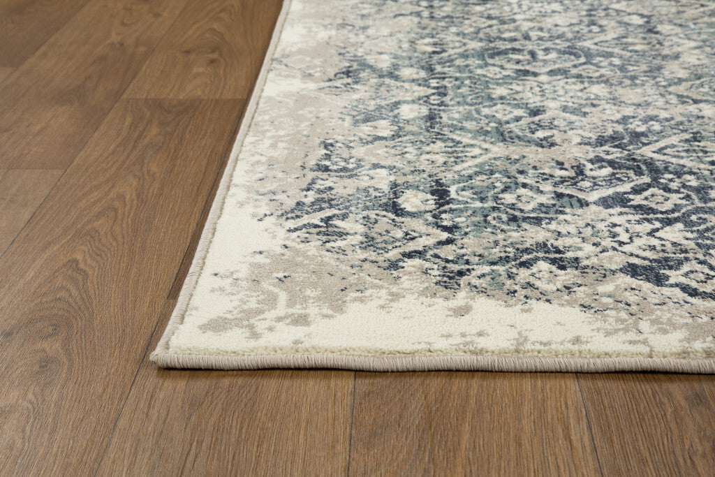 8' x 11' Beige Blue Distressed Diamonds Area Rug