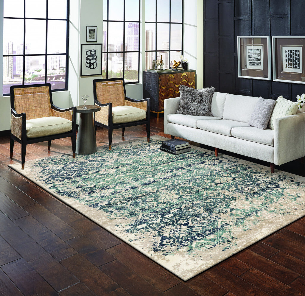 8' x 11' Beige Blue Distressed Diamonds Area Rug