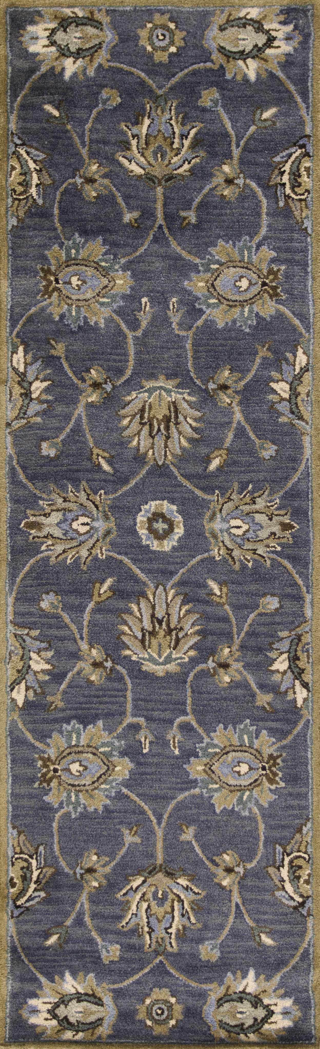 7' Midnight Blue Hand Tufted Wool Traditional Floral Indoor Runner Rug