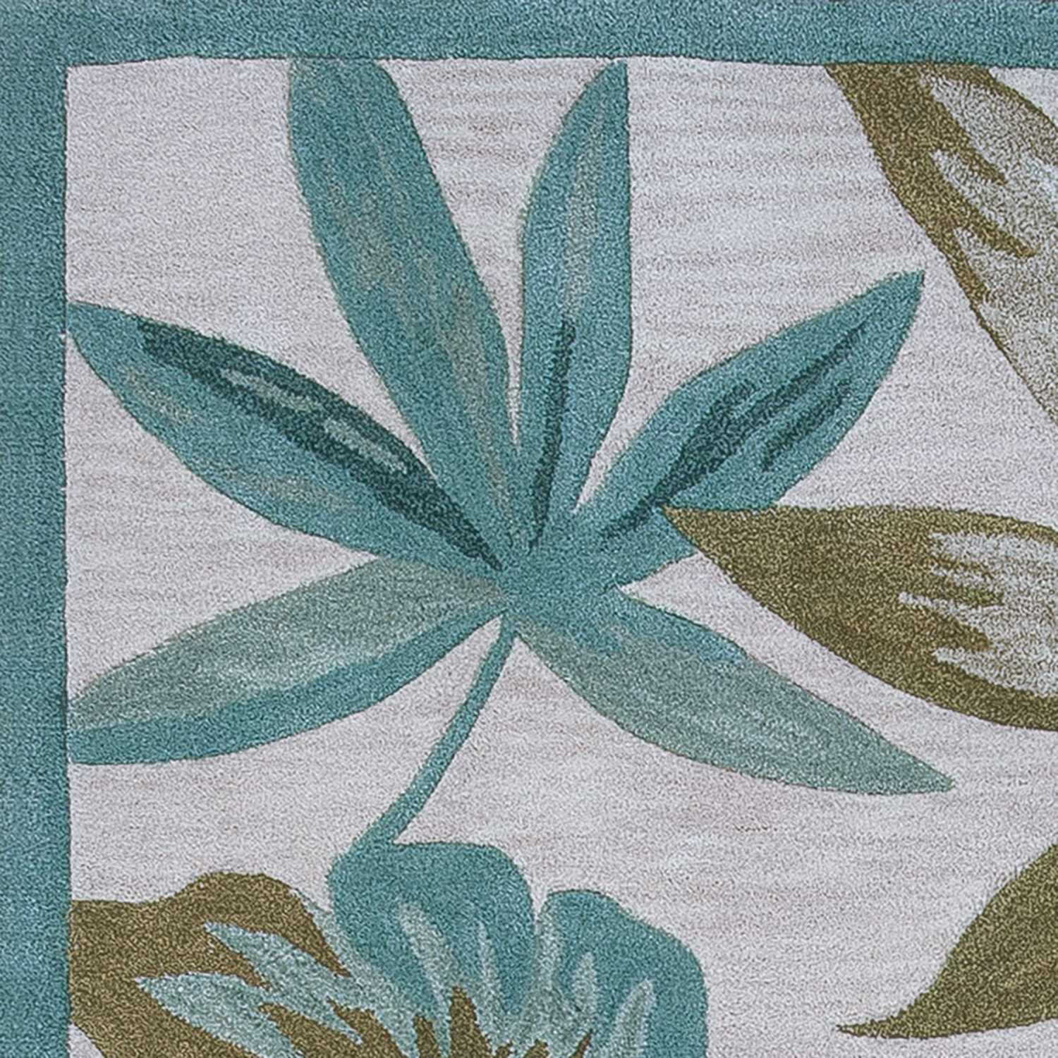 3'X5' Ivory Teal Hand Tufted Tropical Leaves Round Indoor Area Rug