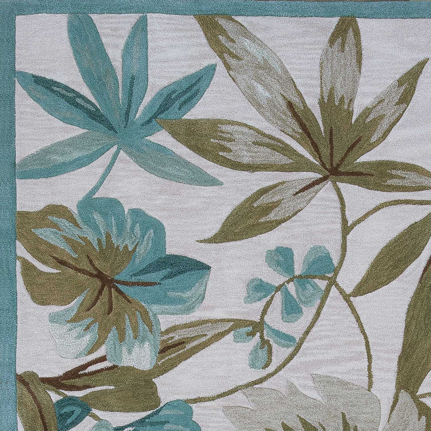 3'X5' Ivory Teal Hand Tufted Tropical Leaves Round Indoor Area Rug