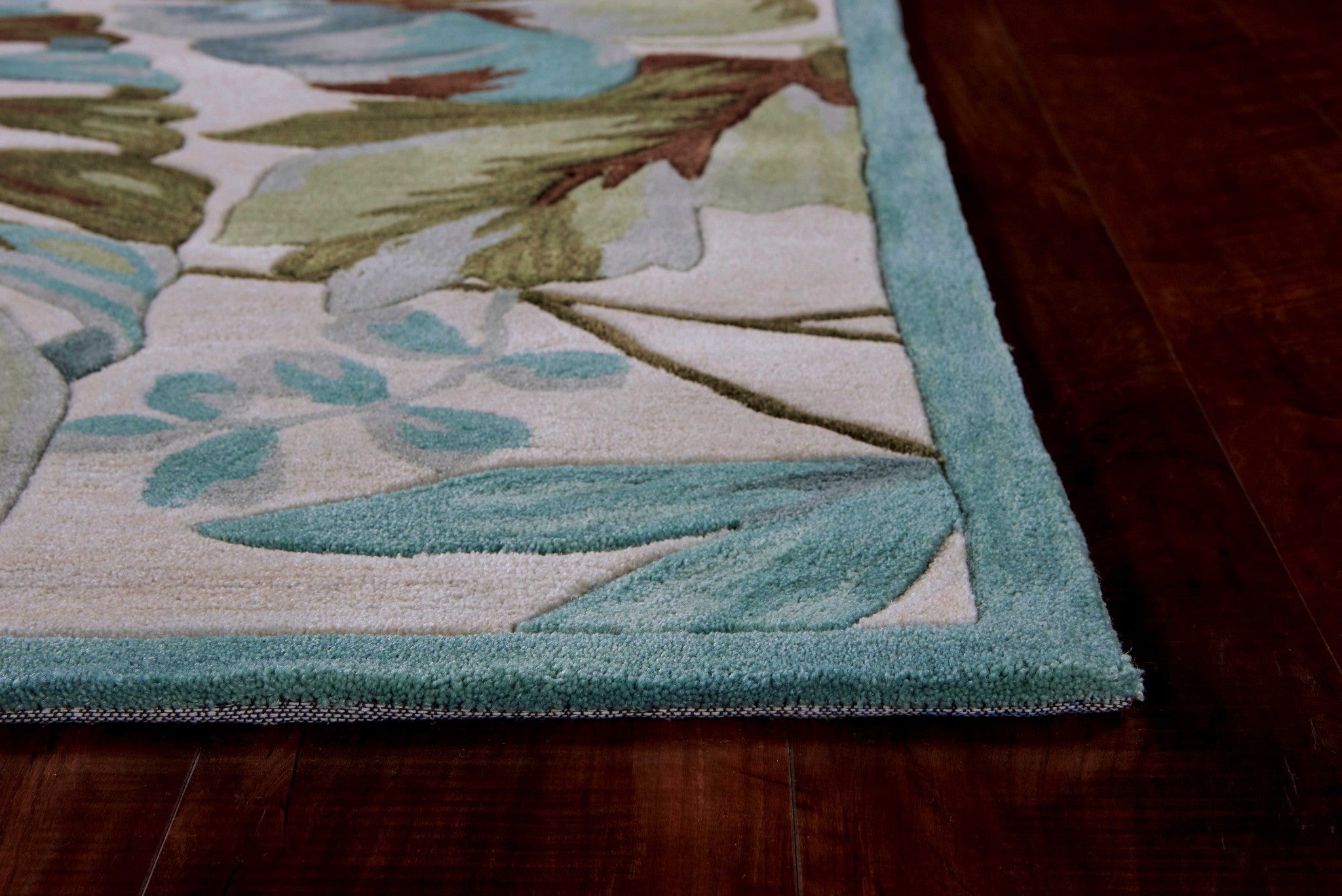 3'X5' Ivory Teal Hand Tufted Tropical Leaves Round Indoor Area Rug