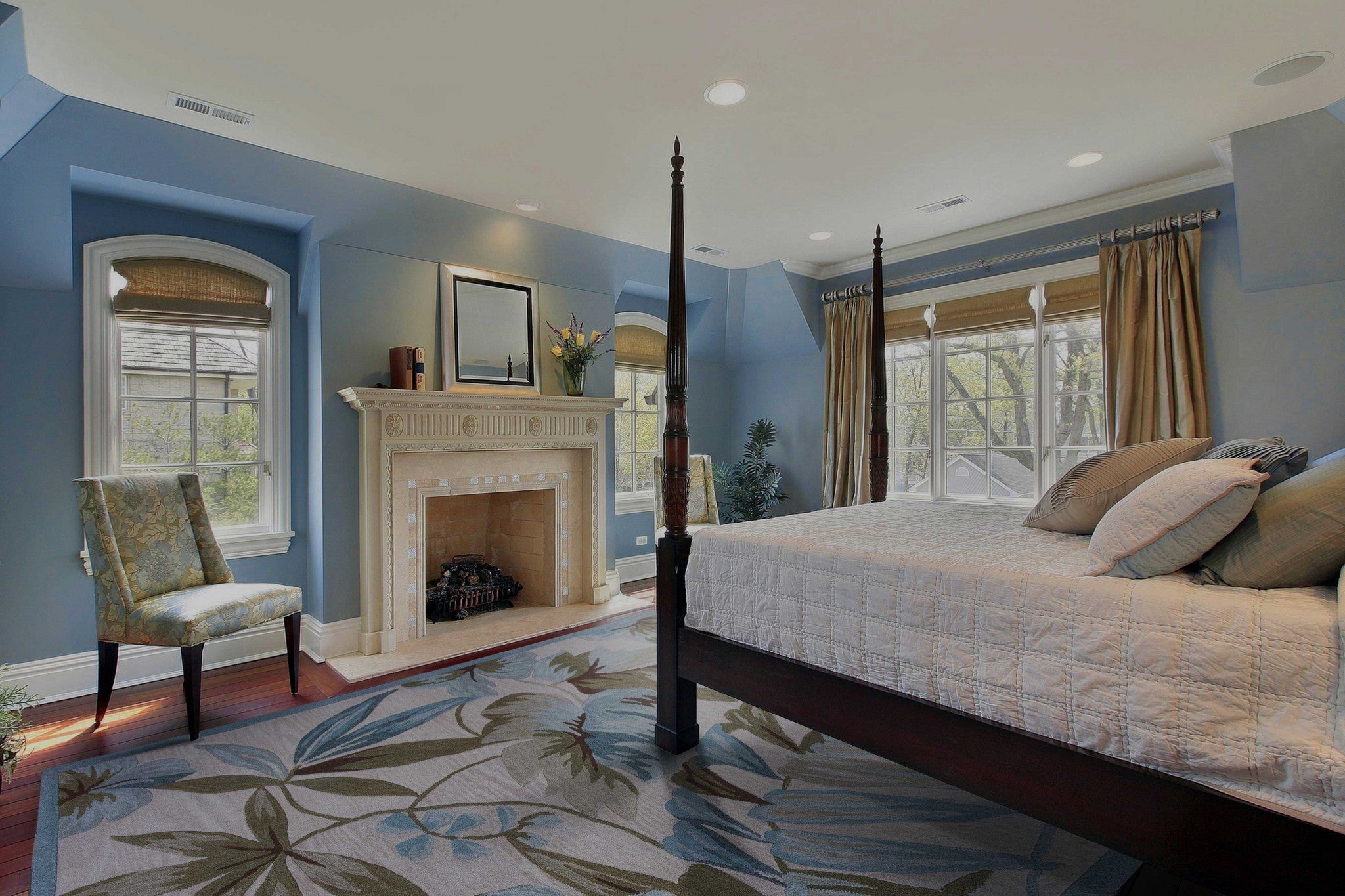 3'X5' Ivory Teal Hand Tufted Tropical Leaves Round Indoor Area Rug