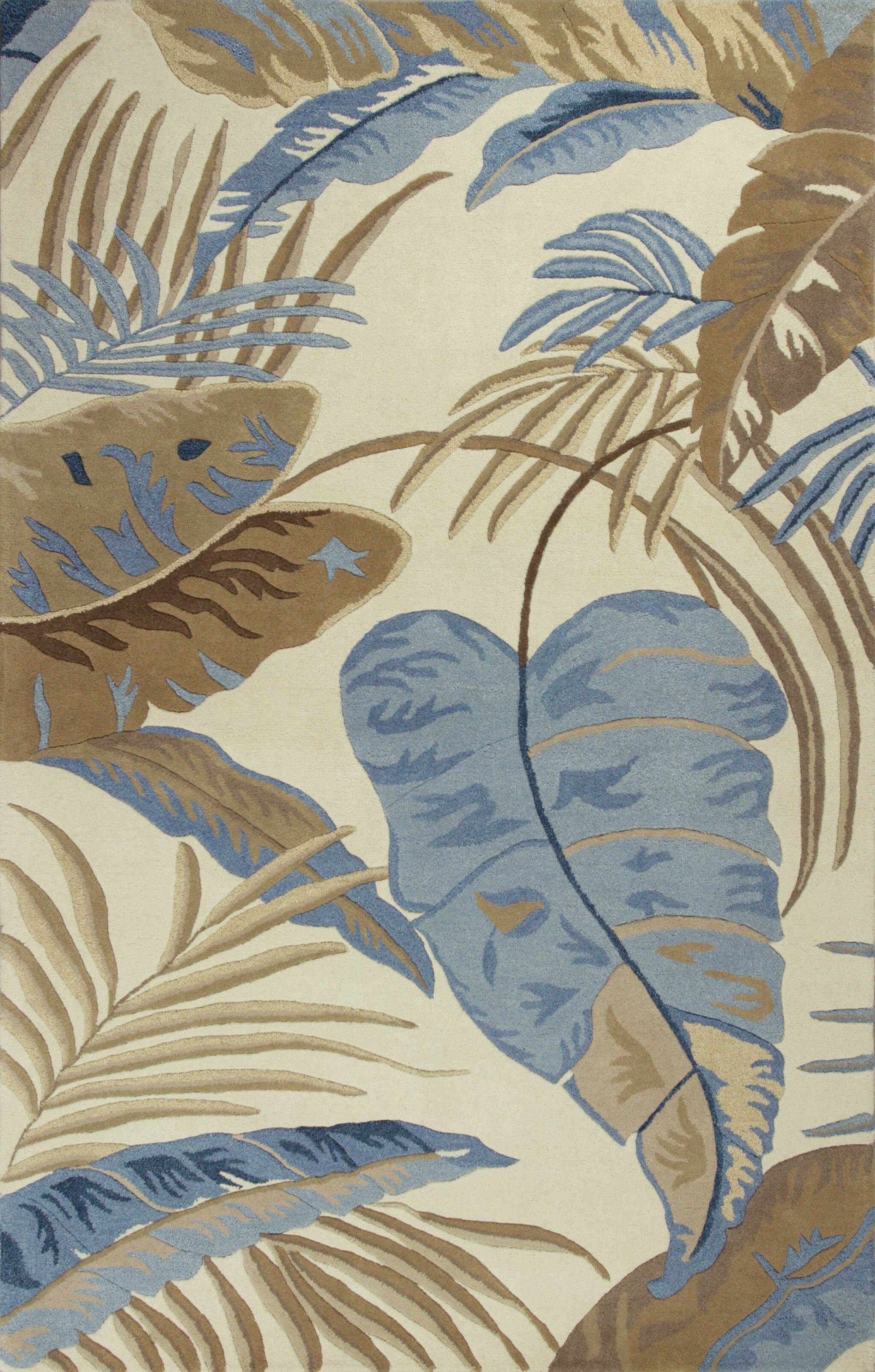 3'X5' Ivory Blue Hand Tufted Tropical Leaves Indoor Area Rug