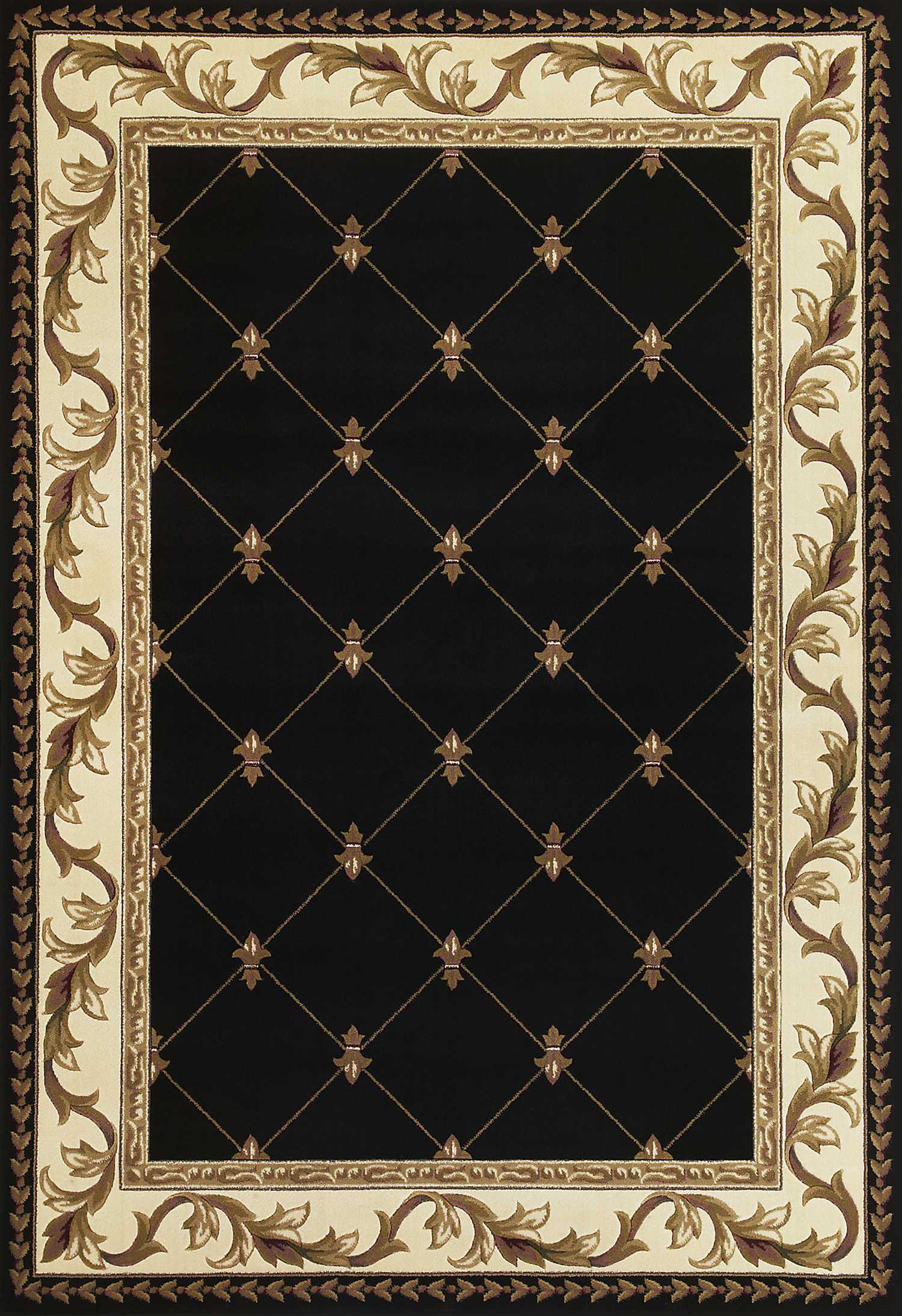 5' X 8' Black Fleur De Lis Diamond Bordered Indoor Area Rug