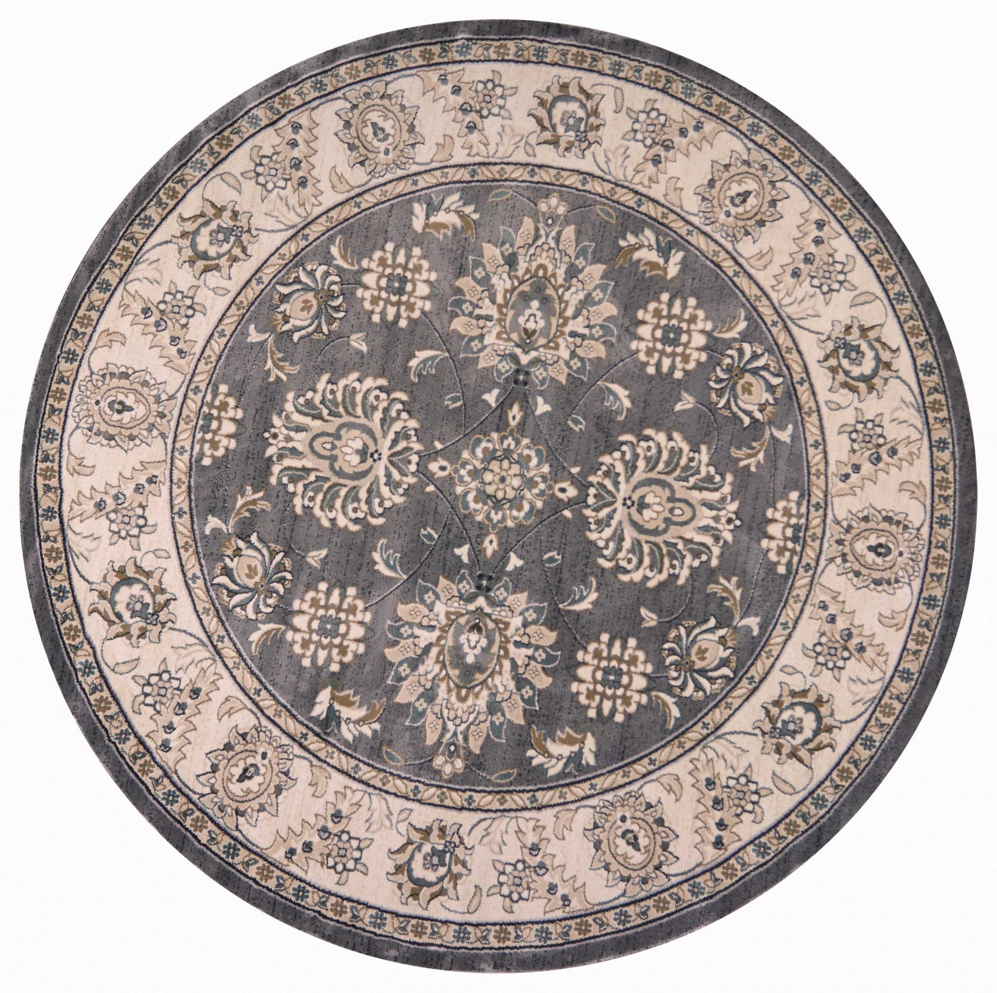 8' Grey Ivory Floral Round Indoor Area Rug