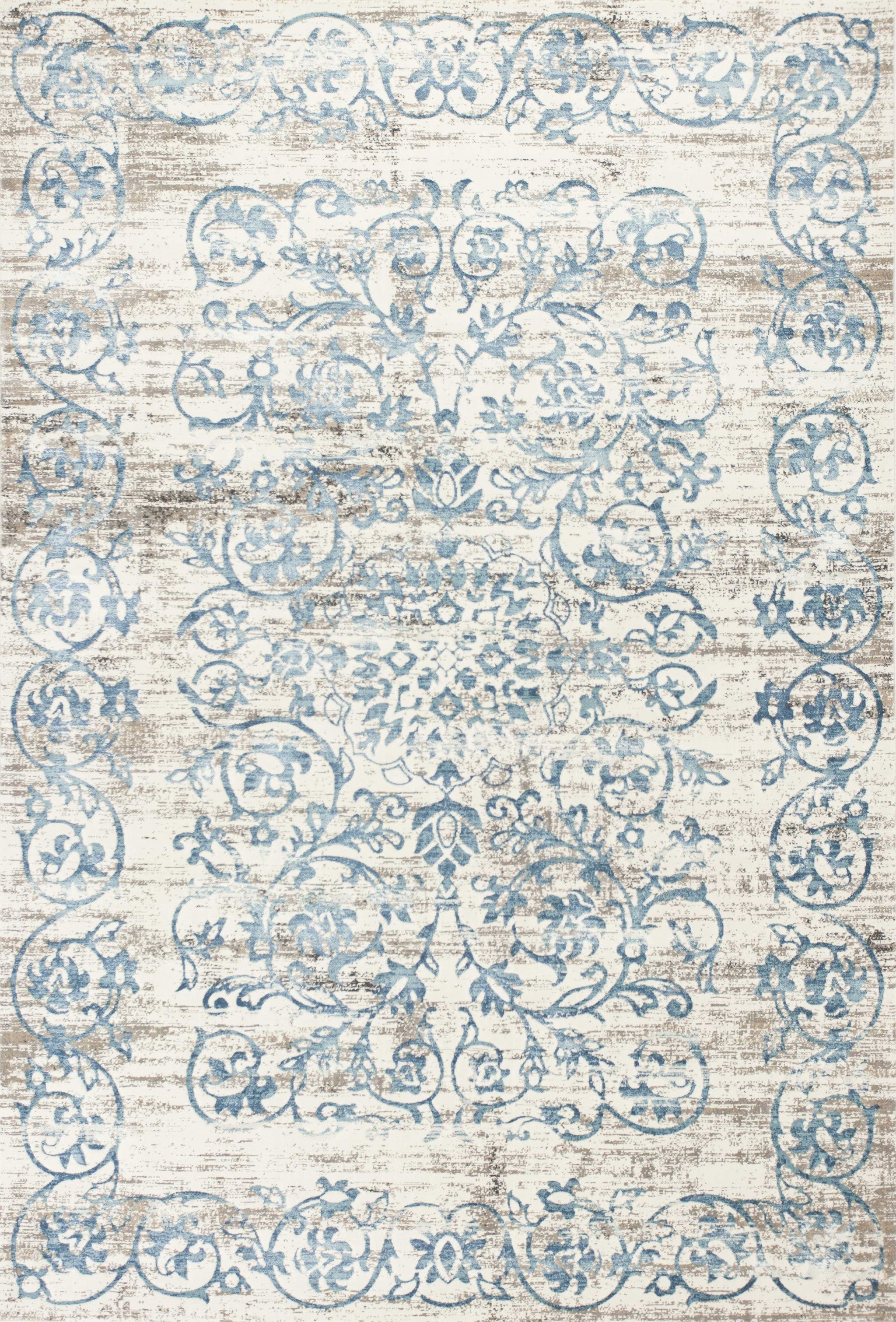 5' X 8' Ivory And Blue Floral Vines Area Rug