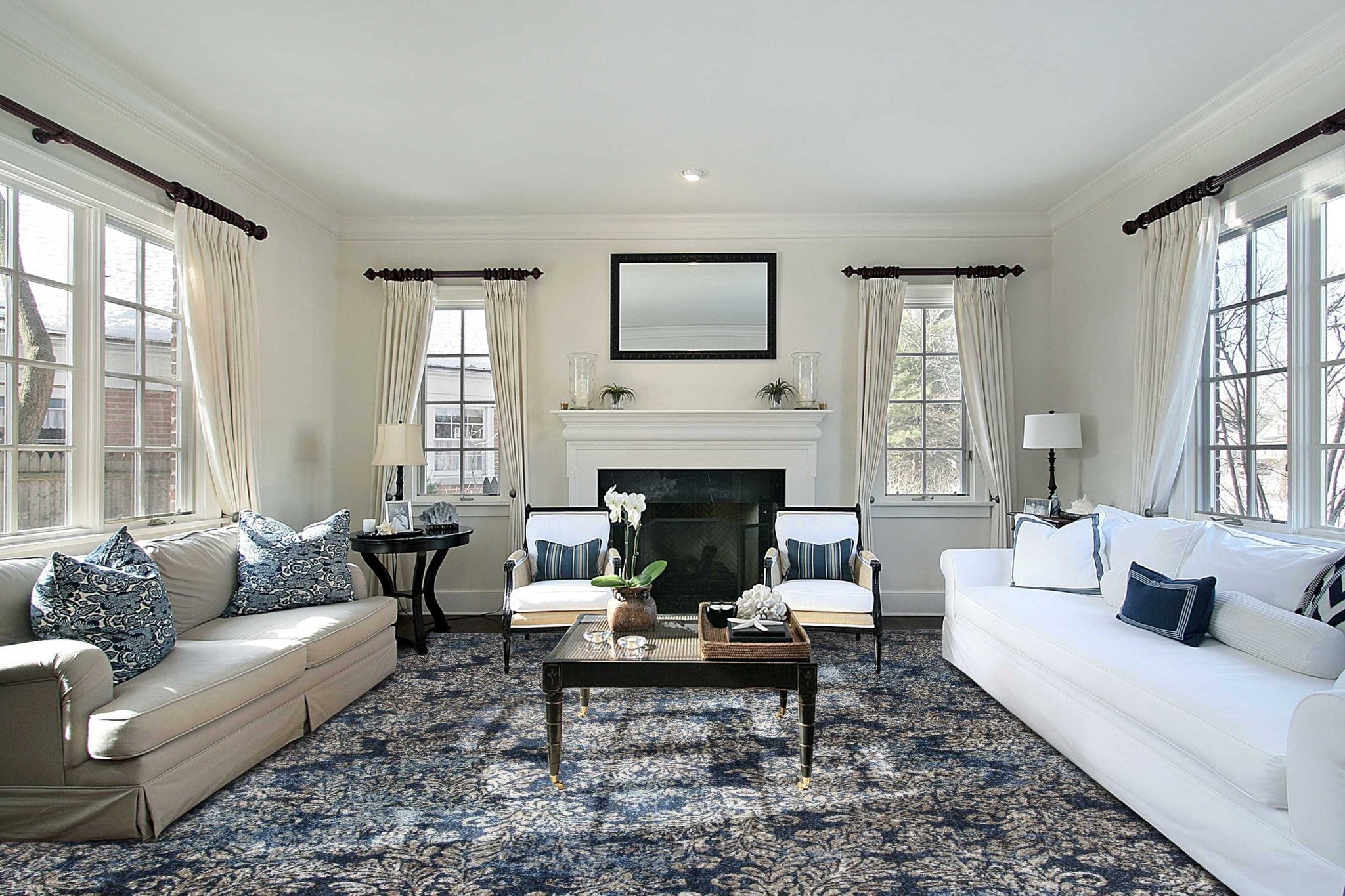 5'X8' Slate Blue Machine Woven Damask Indoor Area Rug