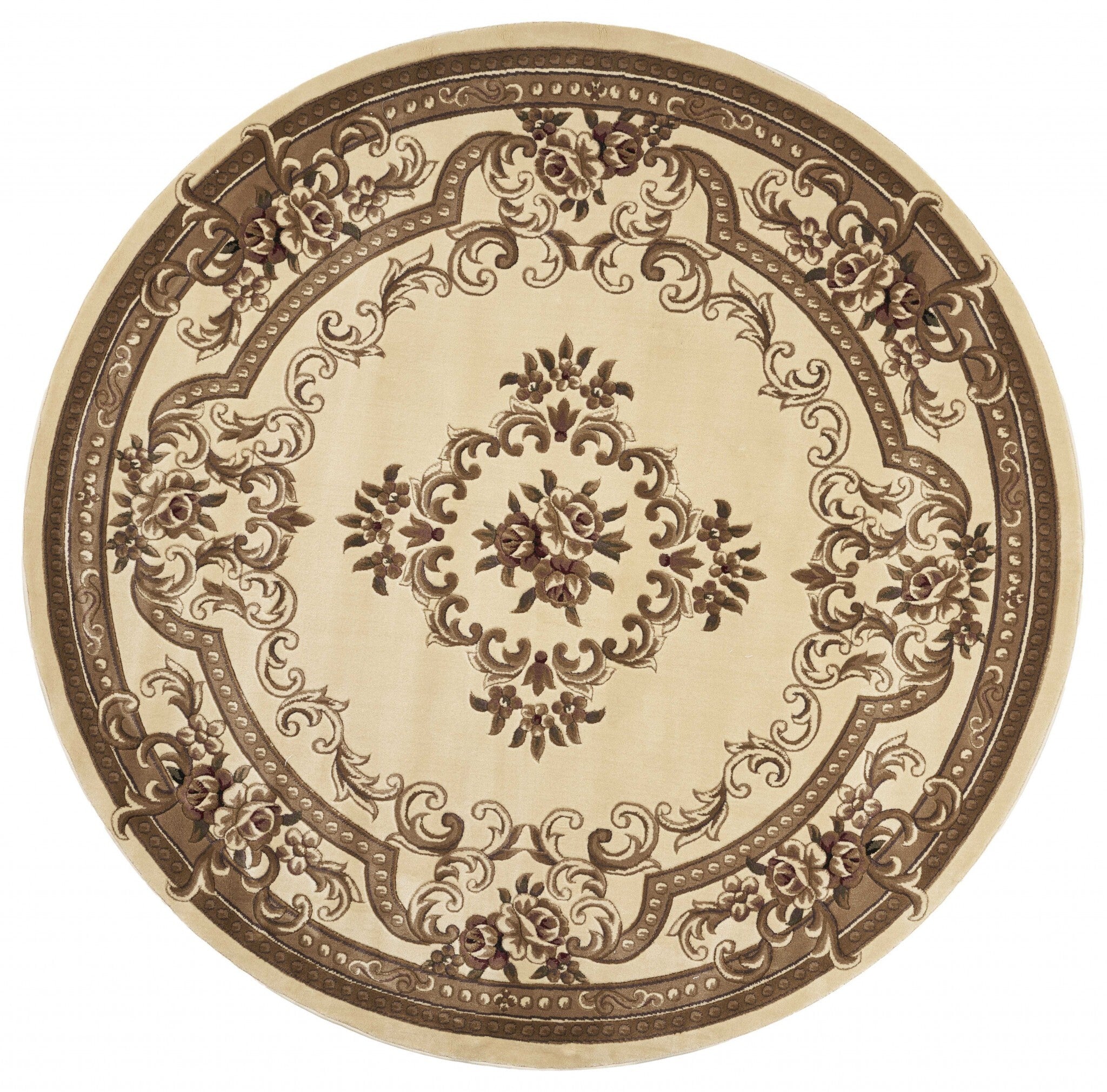 8' Ivory Machine Woven Hand Carved Floral Medallion Round Indoor Area Rug