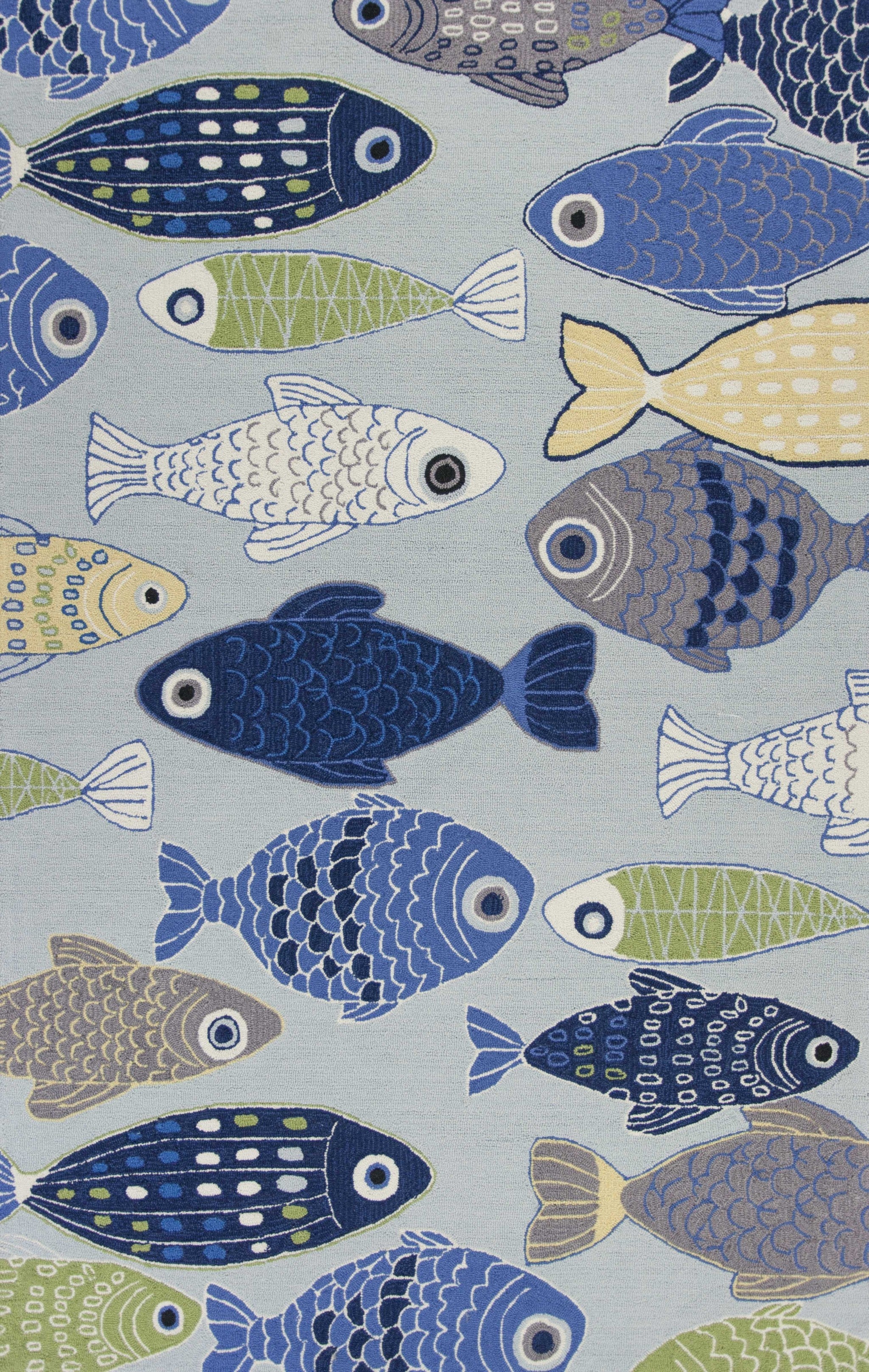 2'X3' Light Blue Hand Hooked Oversized Sea Of Fish Indoor Accent Rug