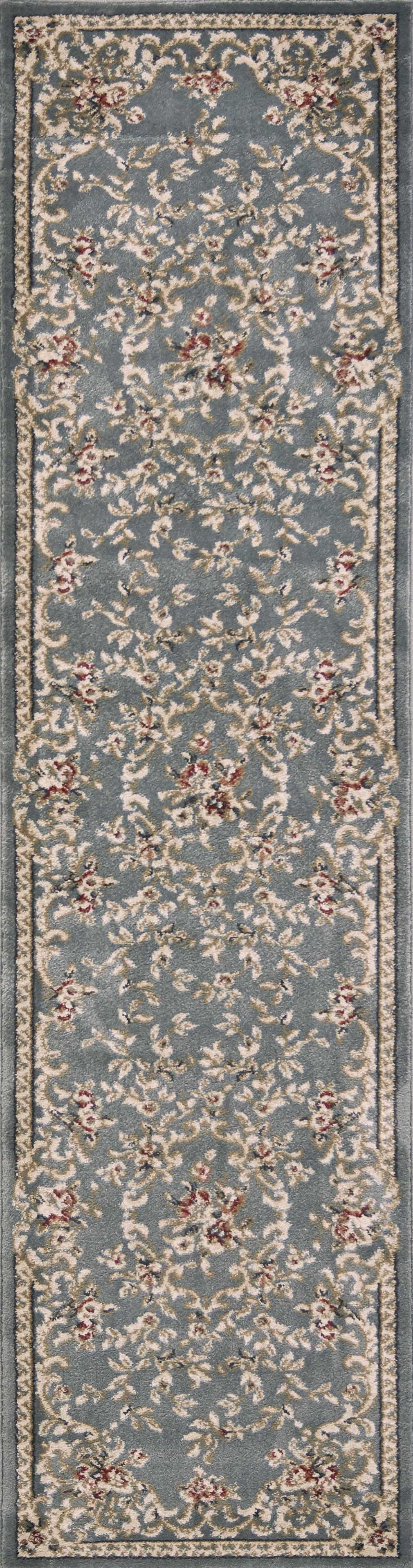 8' Slate Blue Bordered Floral Indoor Runner Rug