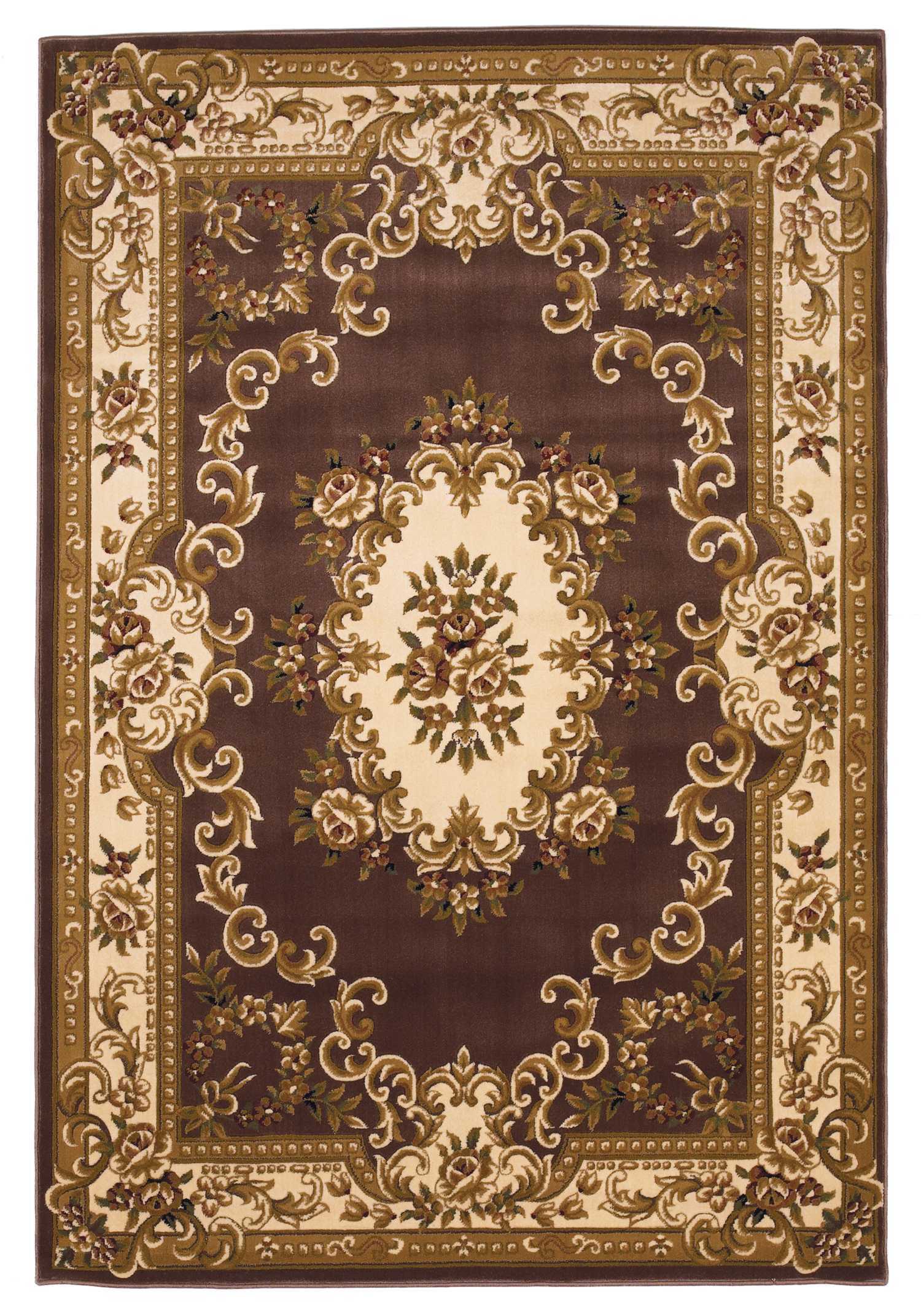 3'X5' Plum Ivory Machine Woven Hand Carved Floral Medallion Indoor Area Rug