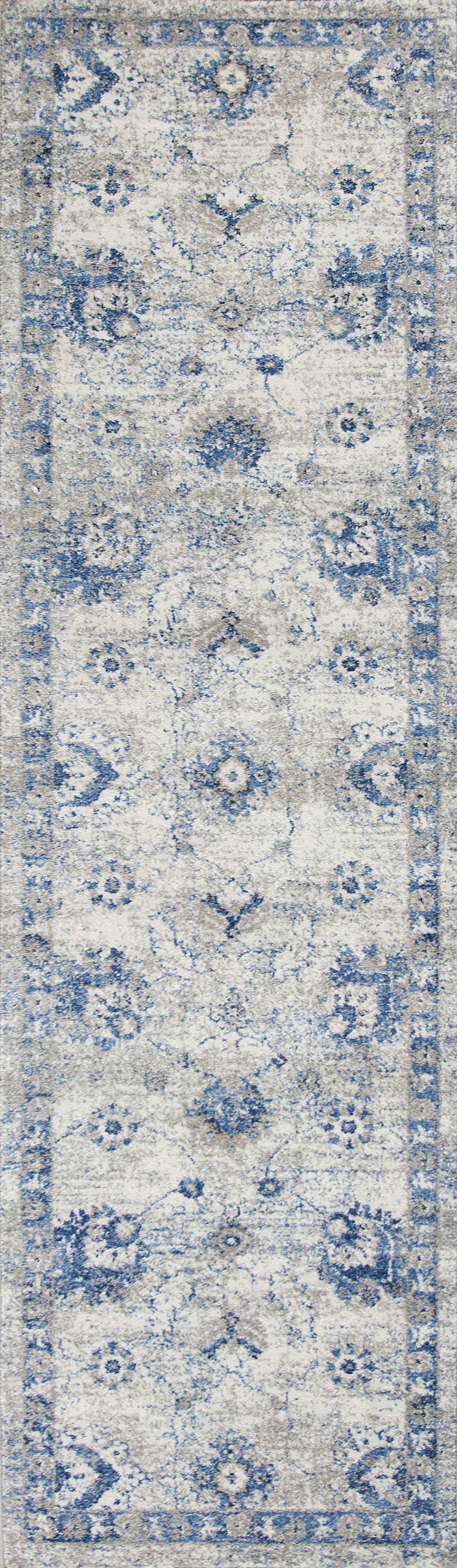 8' Grey Blue Machine Woven Bordered Floral Indoor Runner Rug