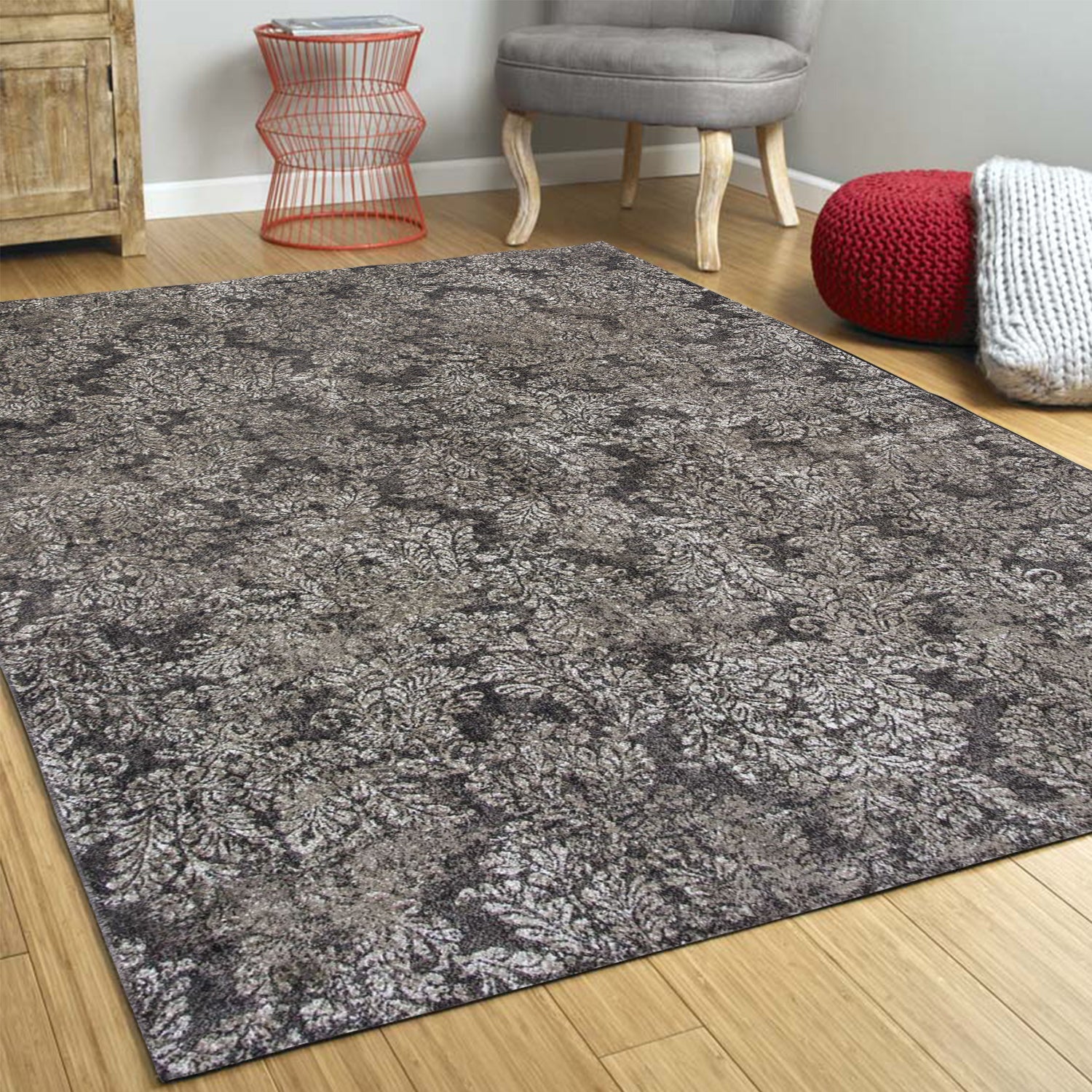 3'X5' Taupe Sand Machine Woven Damask Indoor Area Rug
