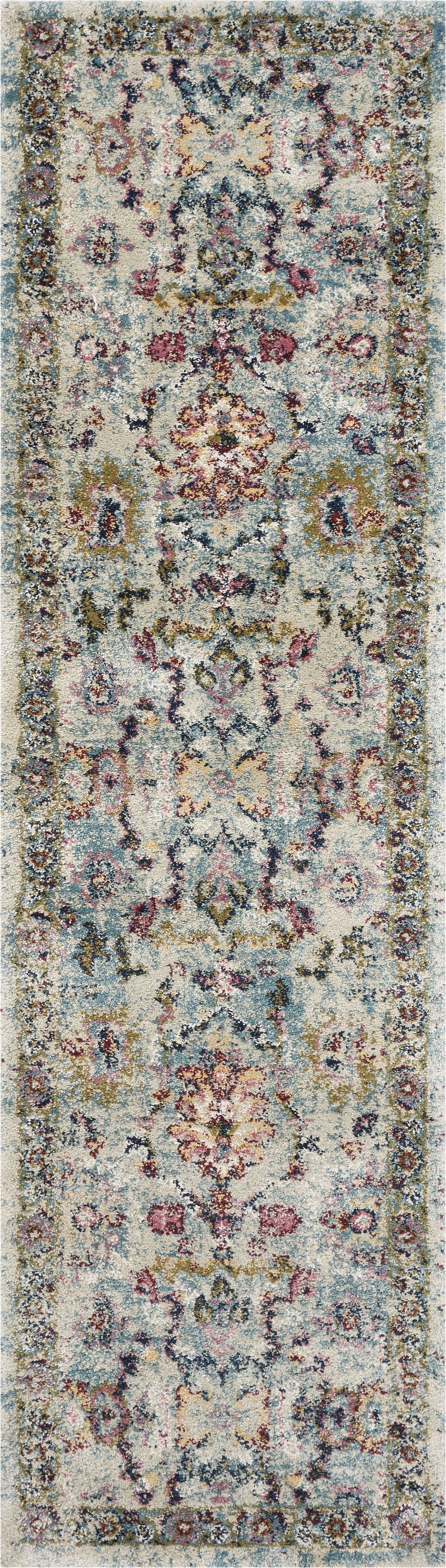 7' Light Blue Machine Woven Distressed Floral Traditional Indoor Runner Rug