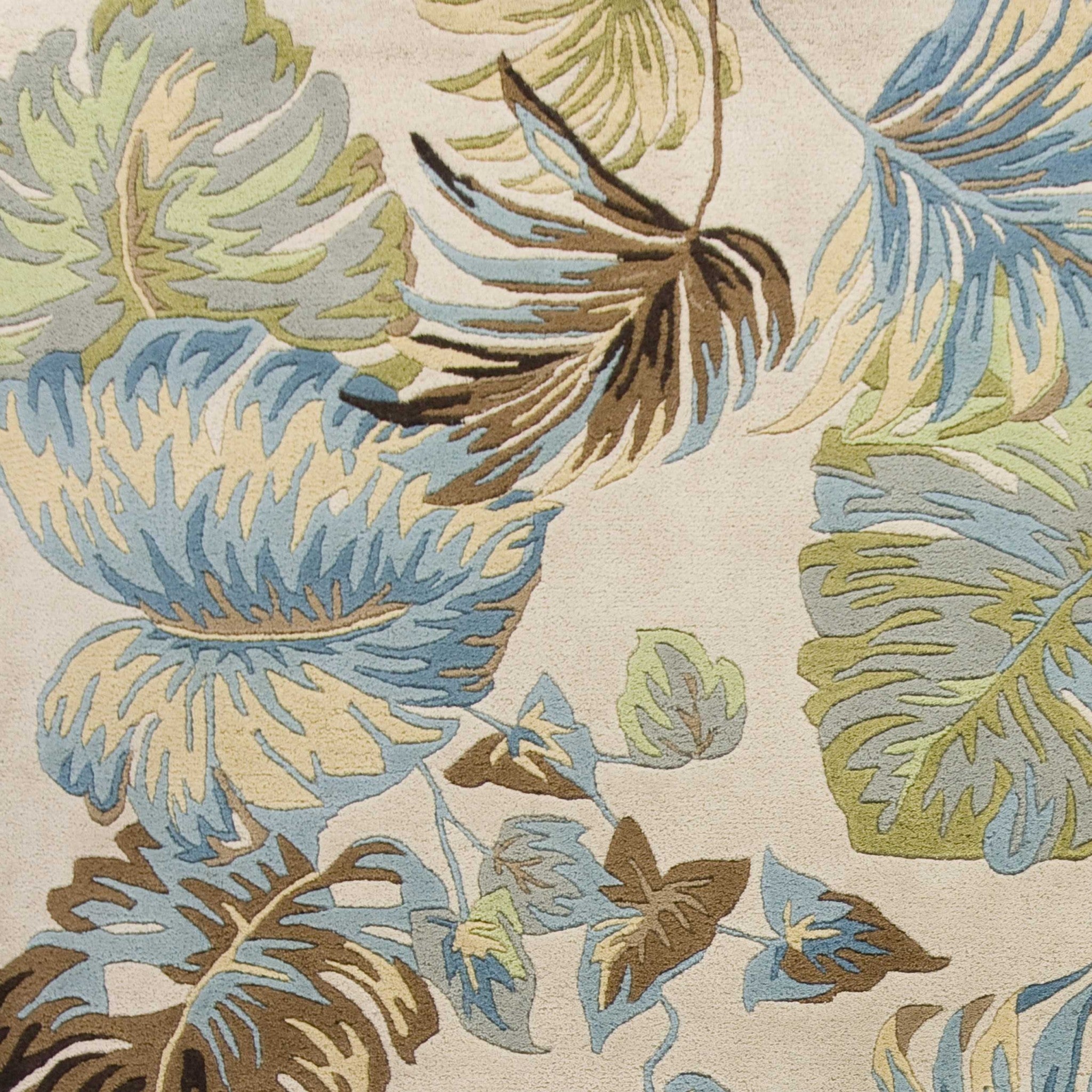 3'X4' Ivory Blue Hand Tufted Tropical Leaves Indoor Area Rug