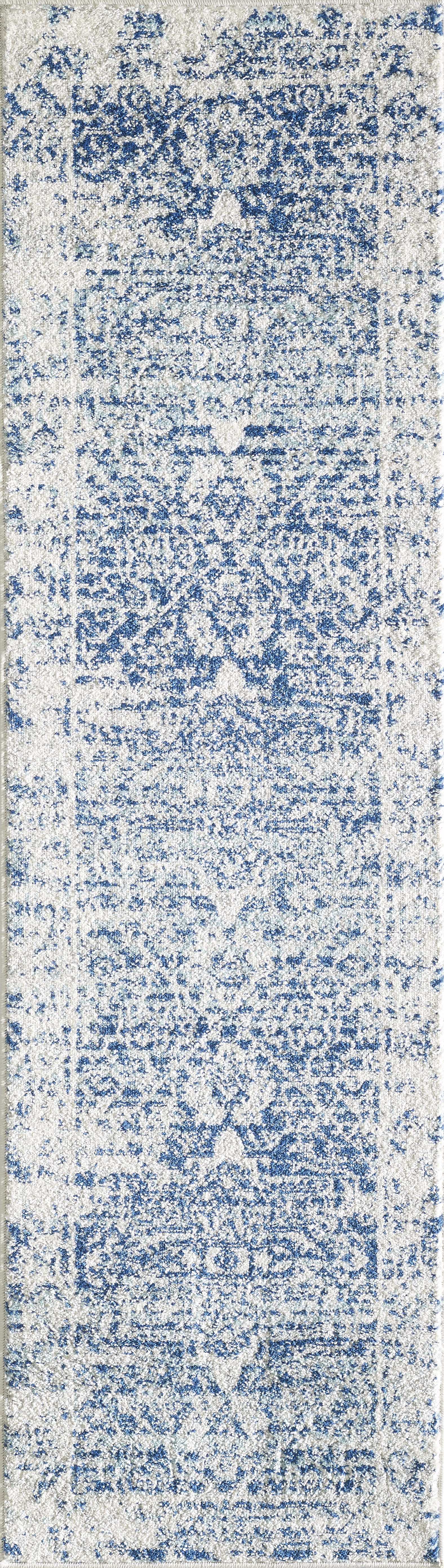 7'X12' Ivory Blue Machine Woven Distressed Medallion Indoor Area Rug