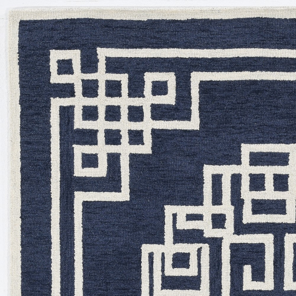 8'X10' Navy Blue Ivory Hand Tufted Greek Key Medallion Indoor Area Rug