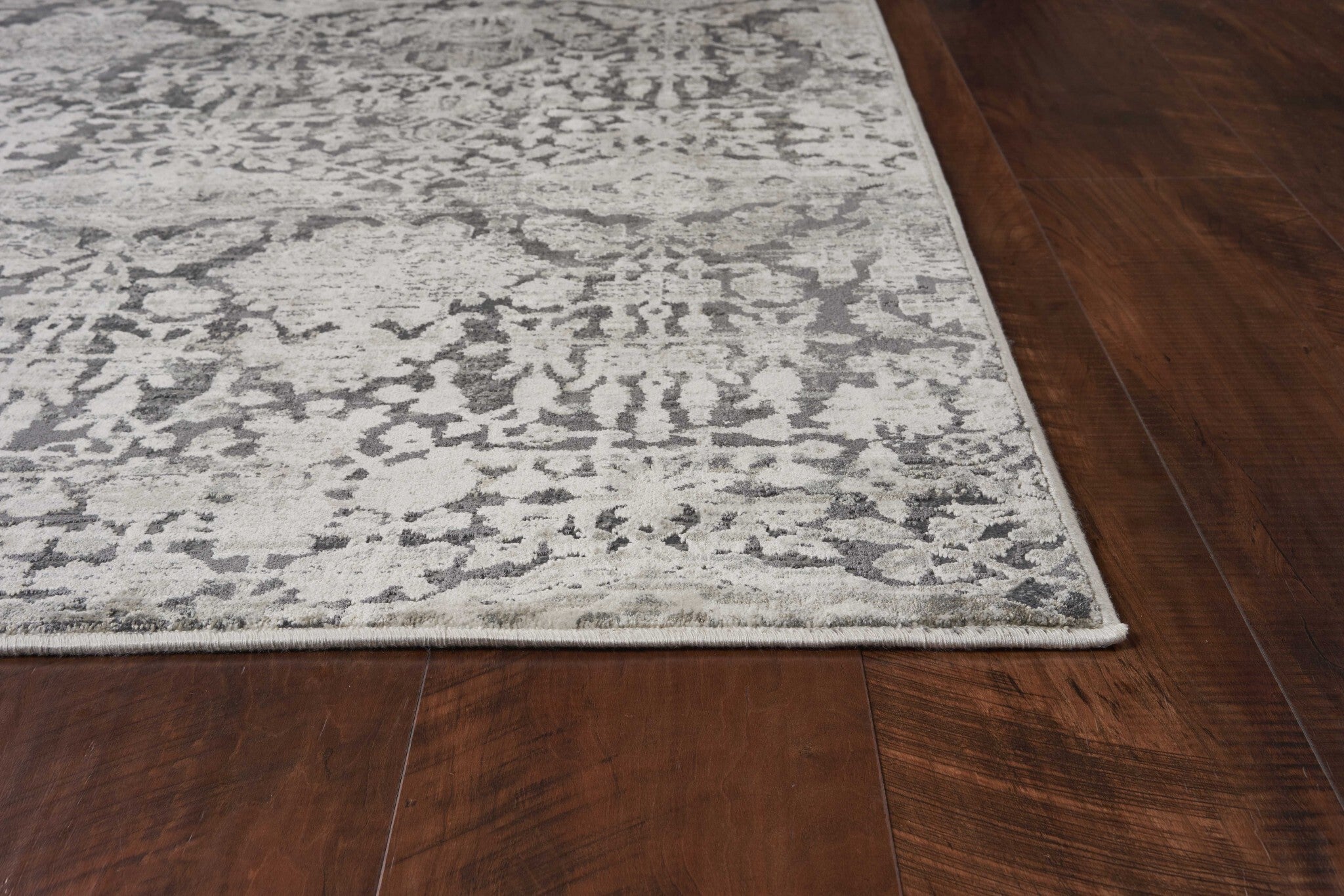 8' Grey Machine Woven Distressed Floral Traditional Indoor Runner Rug