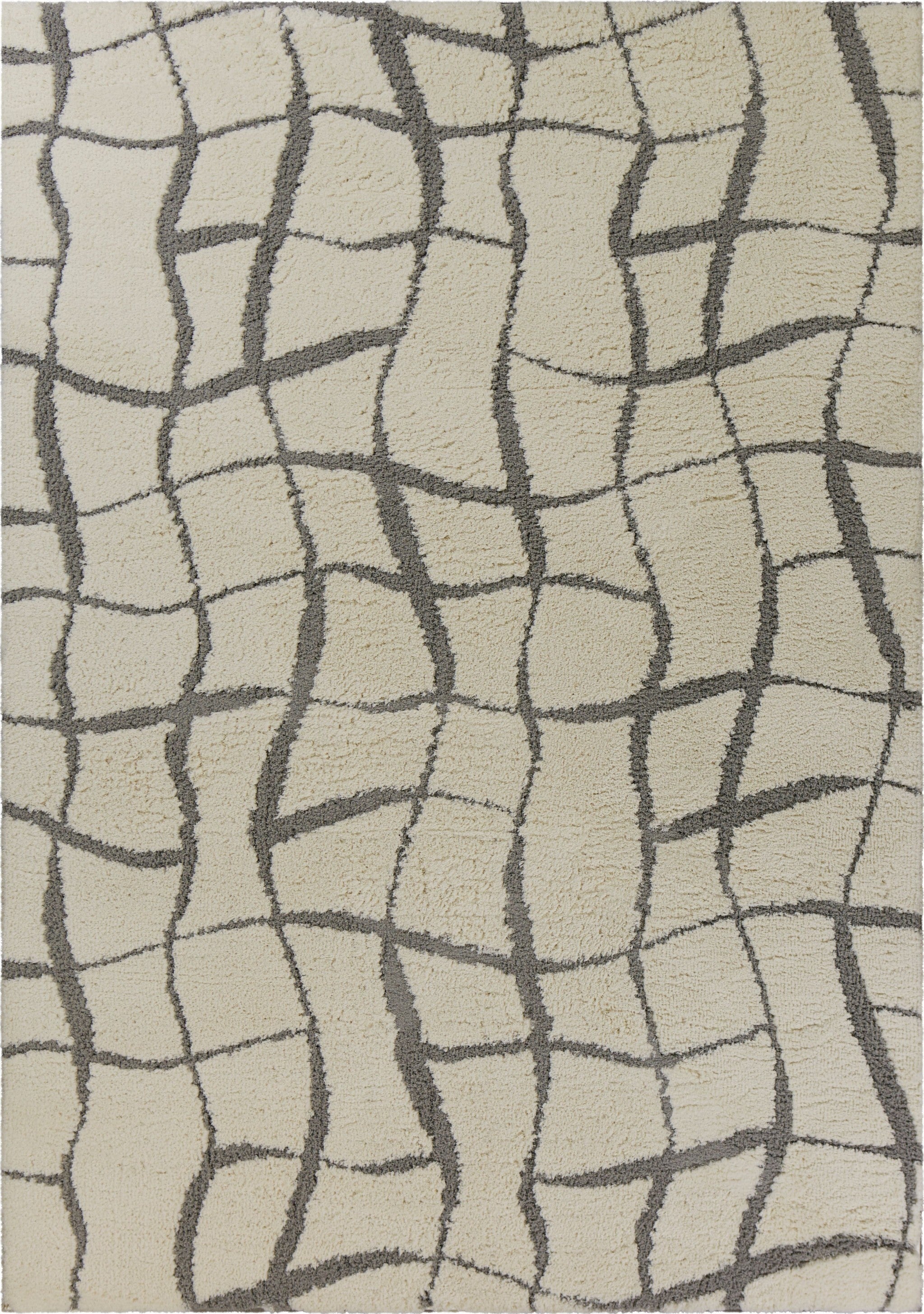 5'X7' Ivory Machine Woven Abstract Indoor Shag Rug