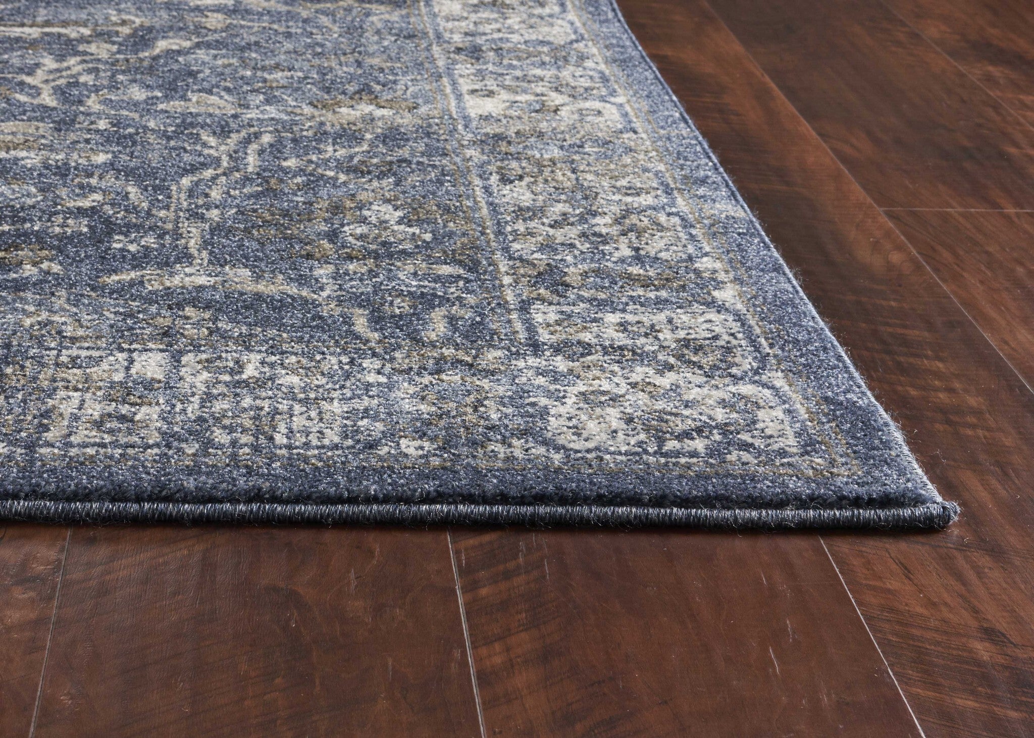 8' Denim Blue Machine Woven Bordered Floral Vines Indoor Runner Rug