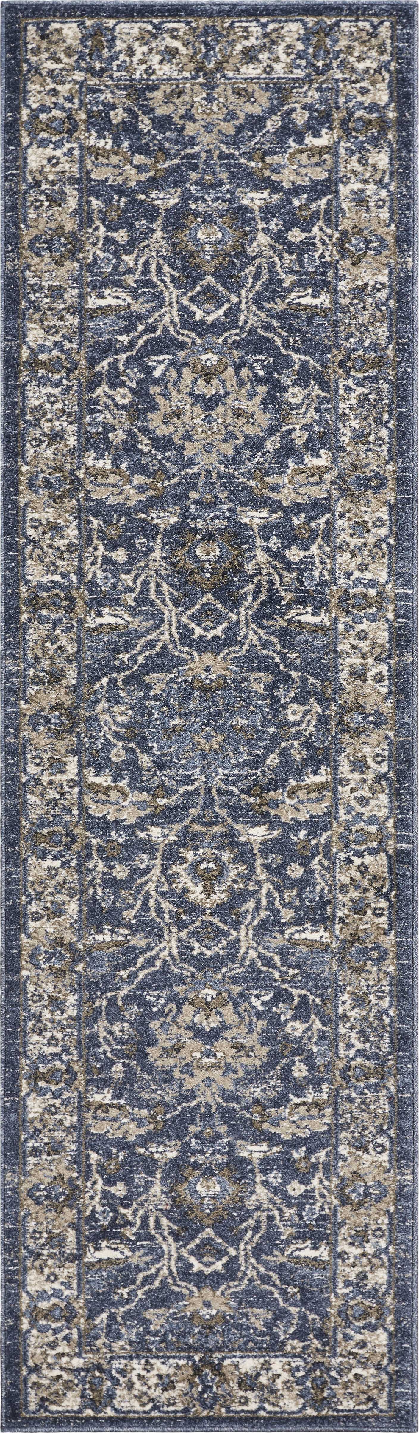 5'X8' Denim Blue Machine Woven Bordered Floral Vines Indoor Area Rug