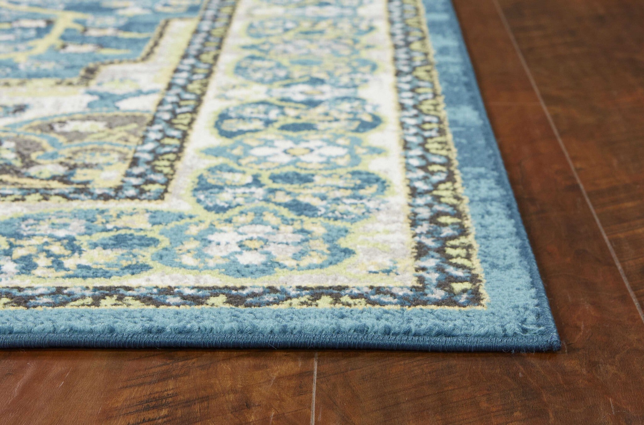 7' Teal Blue Machine Woven Floral Medallion Indoor Runner Rug