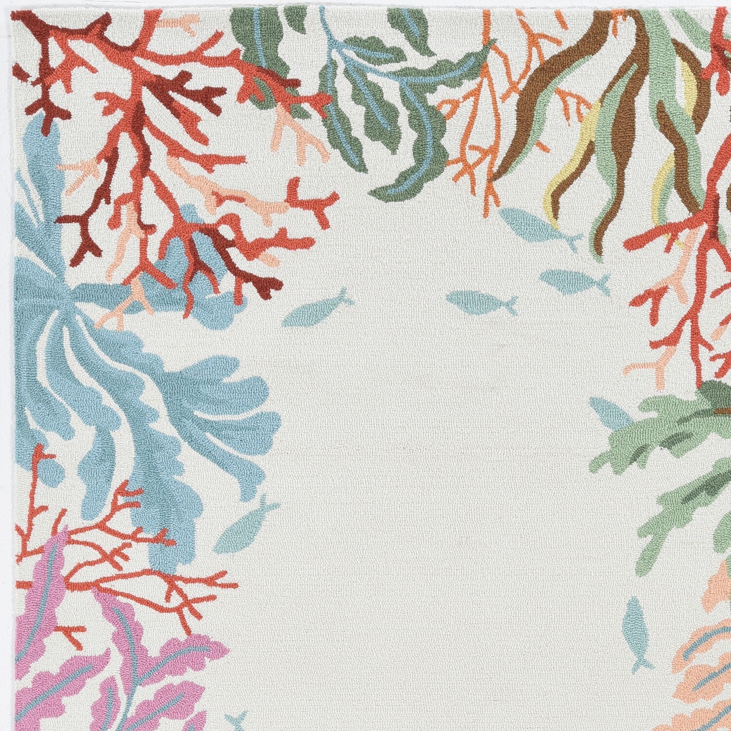 2'X4' Ivory Hand Hooked Bordered Coral Reef Indoor Accent Rug